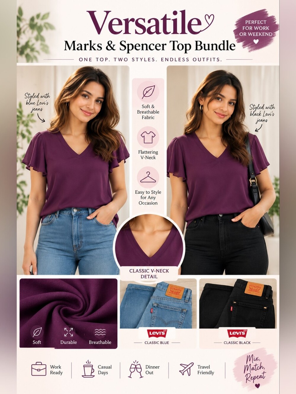 M&S Purple Top + Levi’s Blue &/or Black Jeans Bundle | Chic Everyday Set